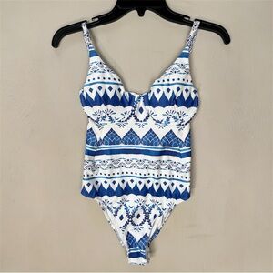Watercolors Kenny Flowers One-Piece Swimsuit S Blue & White Geometric Underwire